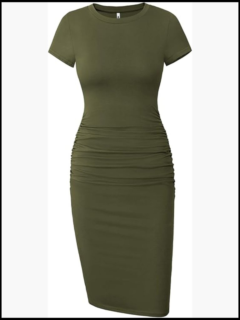 Short Sleeve Ruched Midi Bodycon Dress, Cotton Blend, Recycled Material